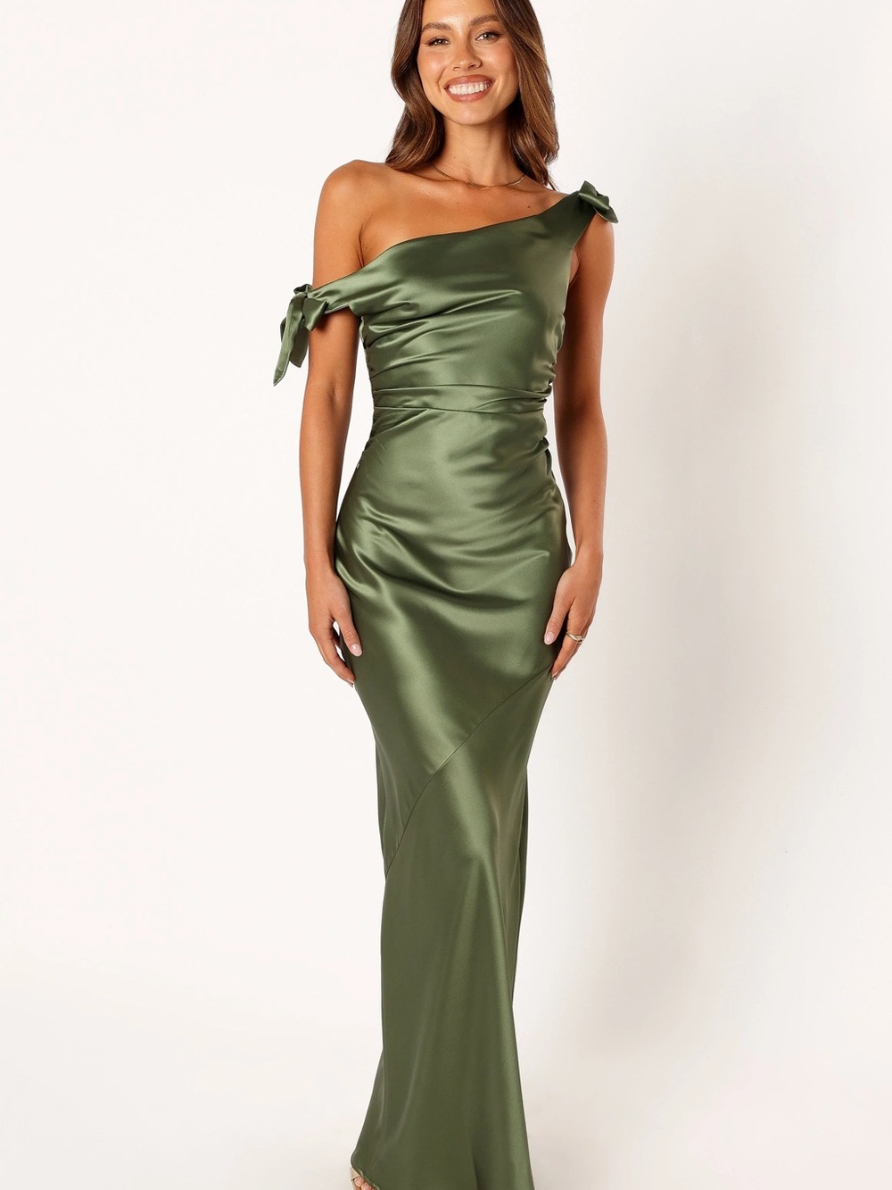 Petal + Pup, Off the Shoulder Olive Green Satin Dress